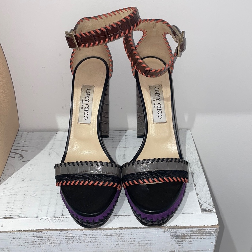 Jimmy Choo Black Purple Gray Orange Trim Platform Sandals